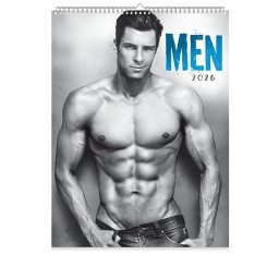 Studio Euroart - Kalendarz 13-planszowy na rok 2026 z czarno-białym zdjęciem umięśnionego mężczyzny na szarym tle. W prawym górnym rogu widnieje niebieski napis 'MEN 2026'.