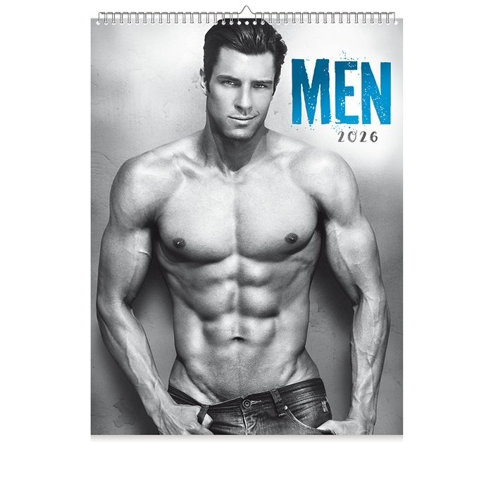 Kalendarz 13-planszowy na rok 2026 z czarno-białym zdjęciem umięśnionego mężczyzny na szarym tle. W prawym górnym rogu widnieje niebieski napis 'MEN 2026'.