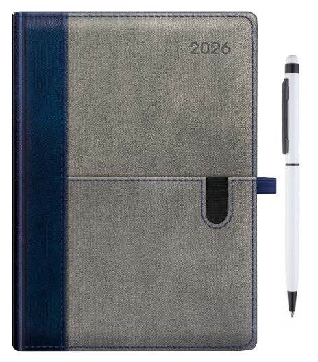 Elegancki, szaro-niebieski terminarz dzienny na rok 2026 z dołączonym białym długopisem, widok z góry, detale wykończenia.