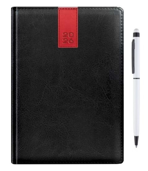 Elegancki, czarny terminarz dzienny A5 na rok 2026 z czerwoną wstawką i biały długopis z gumką do ekranów dotykowych, leżące obok siebie.
