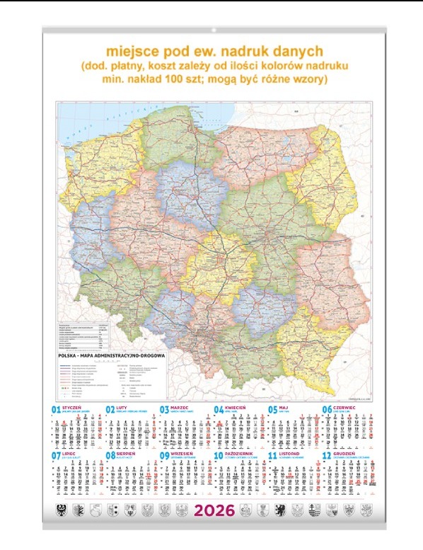 2026 kalendarz B1 Mapa Polski listwowany