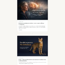 DRTrade Dominik Rogoziński - Strona internetowa z artykułami o tematyce biznesowej i wellbeing, z nagłówkami i grafikami ilustrującymi treści, w stonowanej kolorystyce.