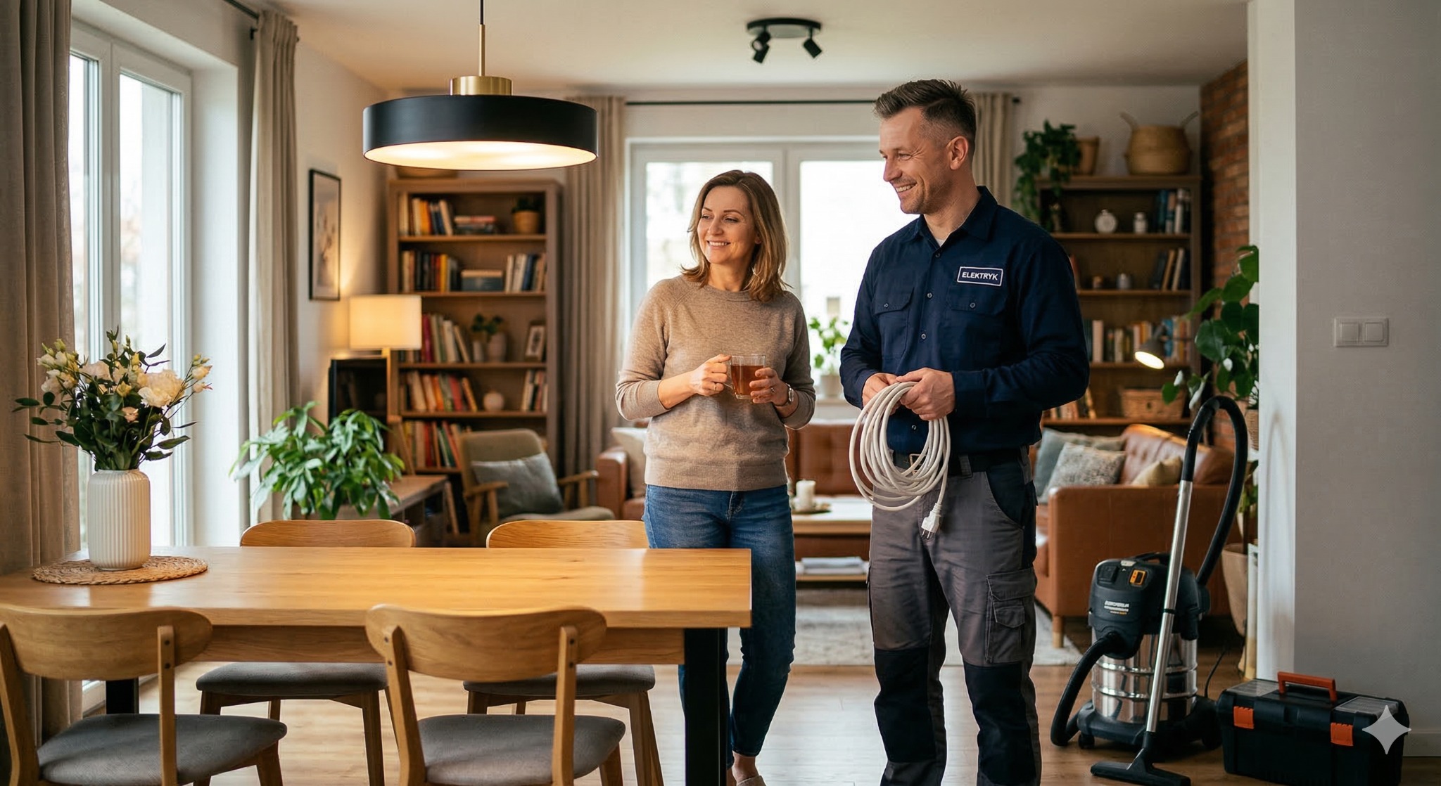 Elektryk w domu klienta trzyma zwinięty kabel, obok stoi klientka z filiżanką. W tle widoczny salon z regałami i kanapą. Na pierwszym planie stół i krzesła.