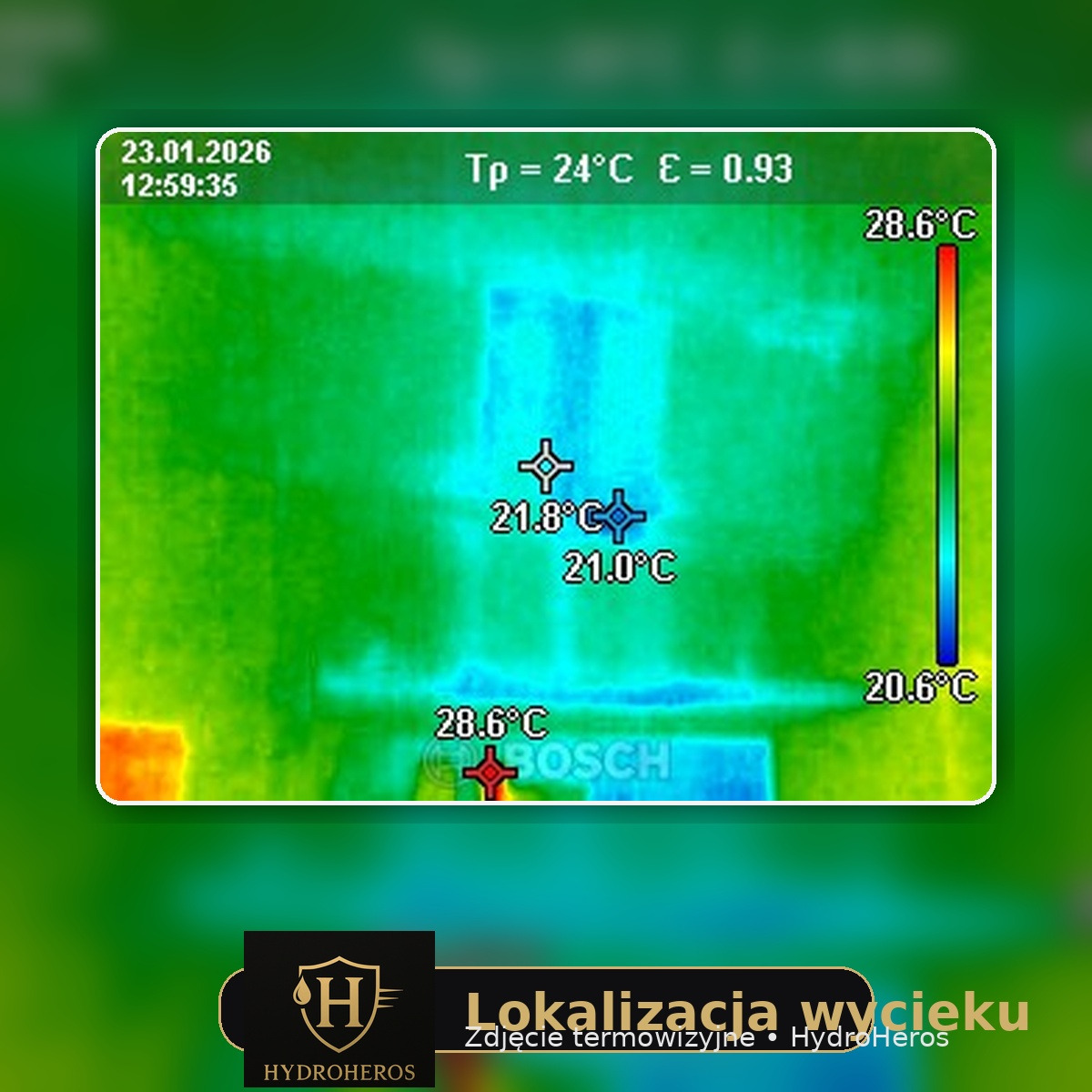 Termowizyjne zdjęcie lokalizacji wycieku, z zaznaczonymi temperaturami. Widoczne wartości temperatur w różnych punktach, skala kolorów i logo Bosch.