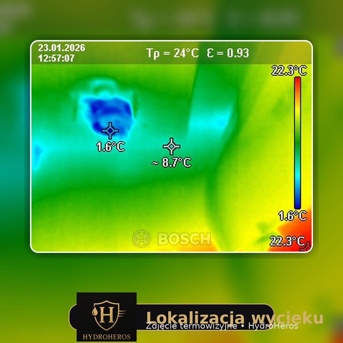 Termogram z kamery Bosch, wskazujący na potencjalne wycieki. Kolorystyka odzwierciedla różnice temperatur, z zaznaczonymi punktami o wartościach 1.6°C i 8.7°C.