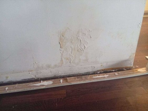 Zacieki na ścianie i uszkodzona listwa przypodłogowa, prawdopodobnie spowodowane wilgocią. Widoczne ślady pleśni i odpadający tynk. Uszkodzenia na styku ściany i podłogi.