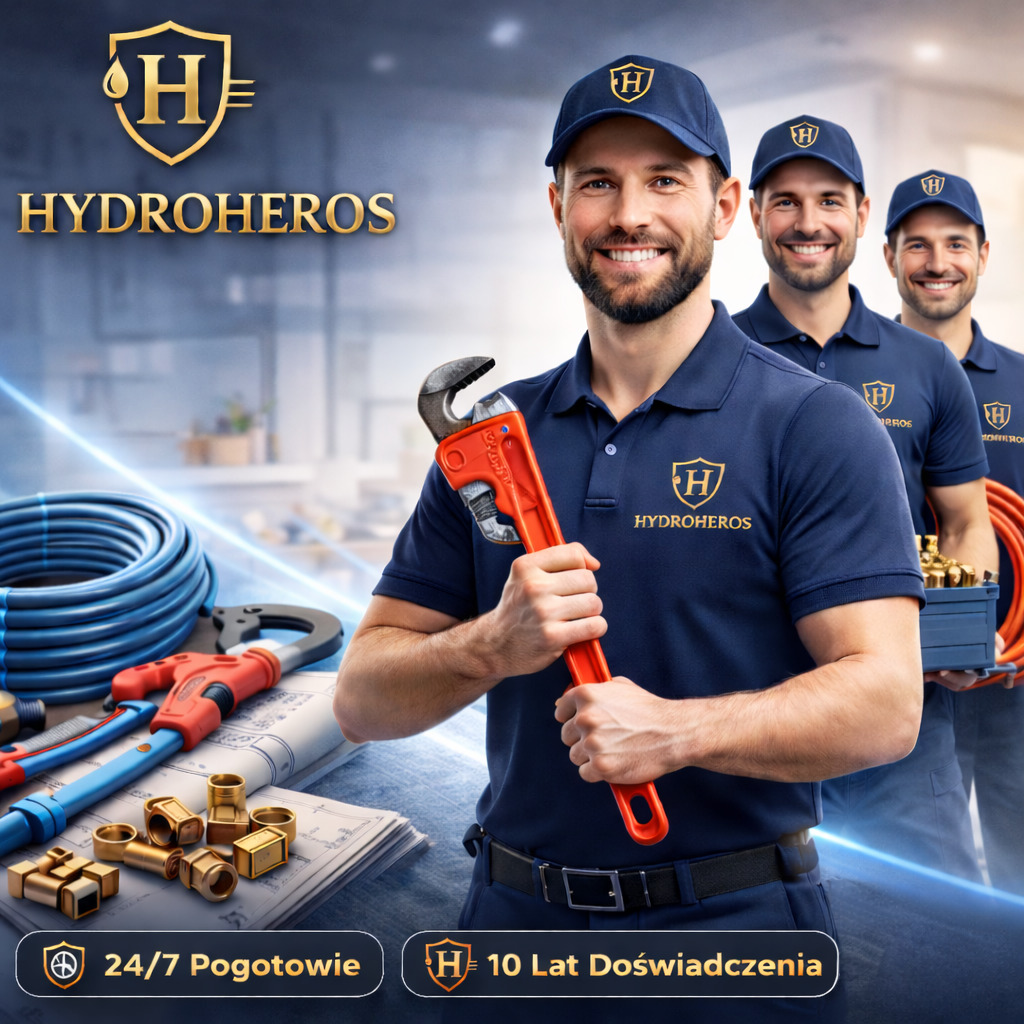 Uśmiechnięci hydraulicy Hydroheros w firmowych uniformach, z narzędziami i złączkami na planach instalacji. Reklama pogotowia hydraulicznego 24/7 z 10-letnim doświadczeniem.
