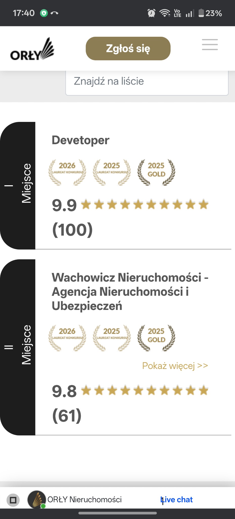 Ranking firm: Wachowicz Nieruchomości z oceną 9.8 i nagrodami Laureat Konkursu 2025/2026 oraz Gold 2025. Developer z oceną 9.9 i nagrodami. Widok z aplikacji mobilnej.