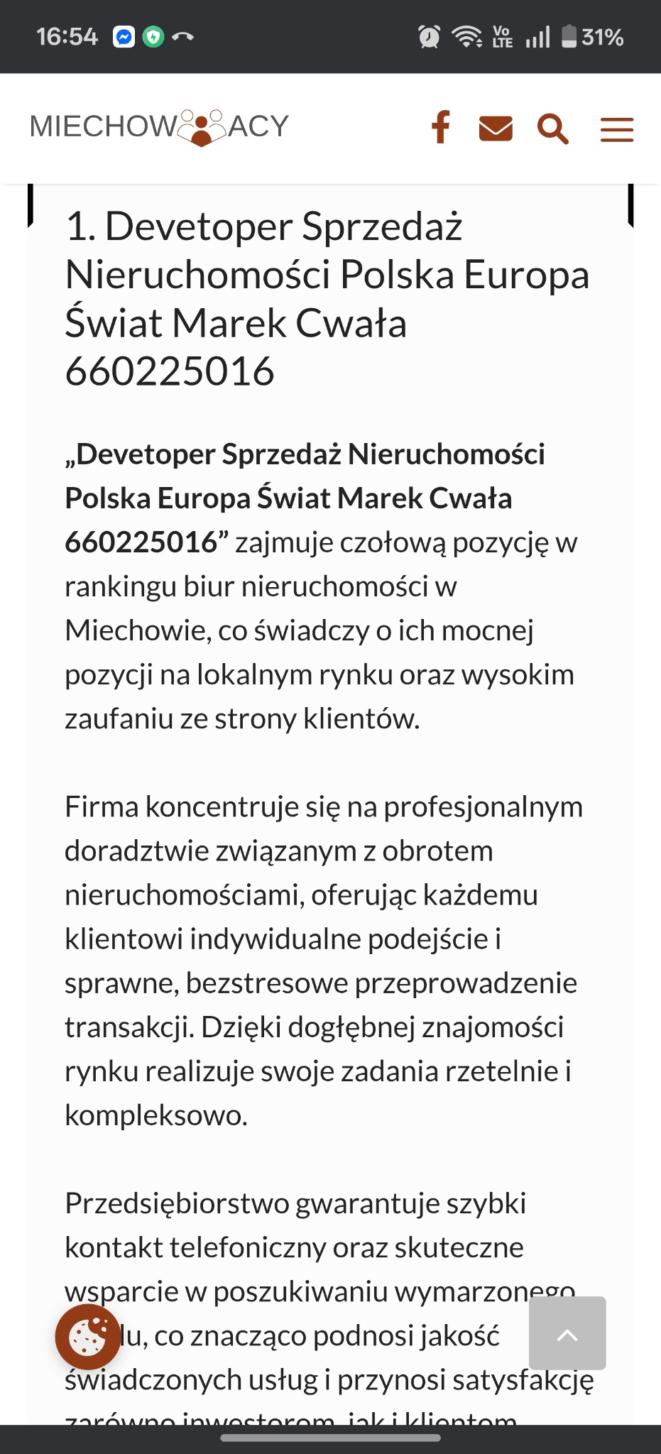 Tekst strony internetowej biura nieruchomości 'MIECHOW&ACY' z ofertą sprzedaży nieruchomości i danymi kontaktowymi.
