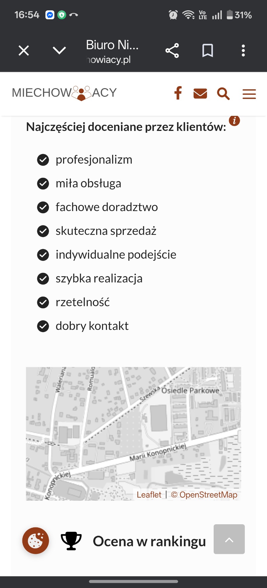 Lista atutów biura nieruchomości, w tym profesjonalizm, obsługa, doradztwo, sprzedaż, podejście, realizacja, rzetelność i kontakt, wraz z mapą lokalizacji.