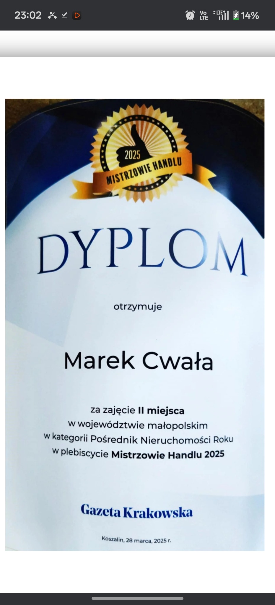Dyplom dla Marka Cwała z Miechowa za zajęcie II miejsca w plebiscycie Mistrzowie Handlu 2025 w kategorii Pośrednik Nieruchomości Roku, wydany przez Gazetę Krakowską.