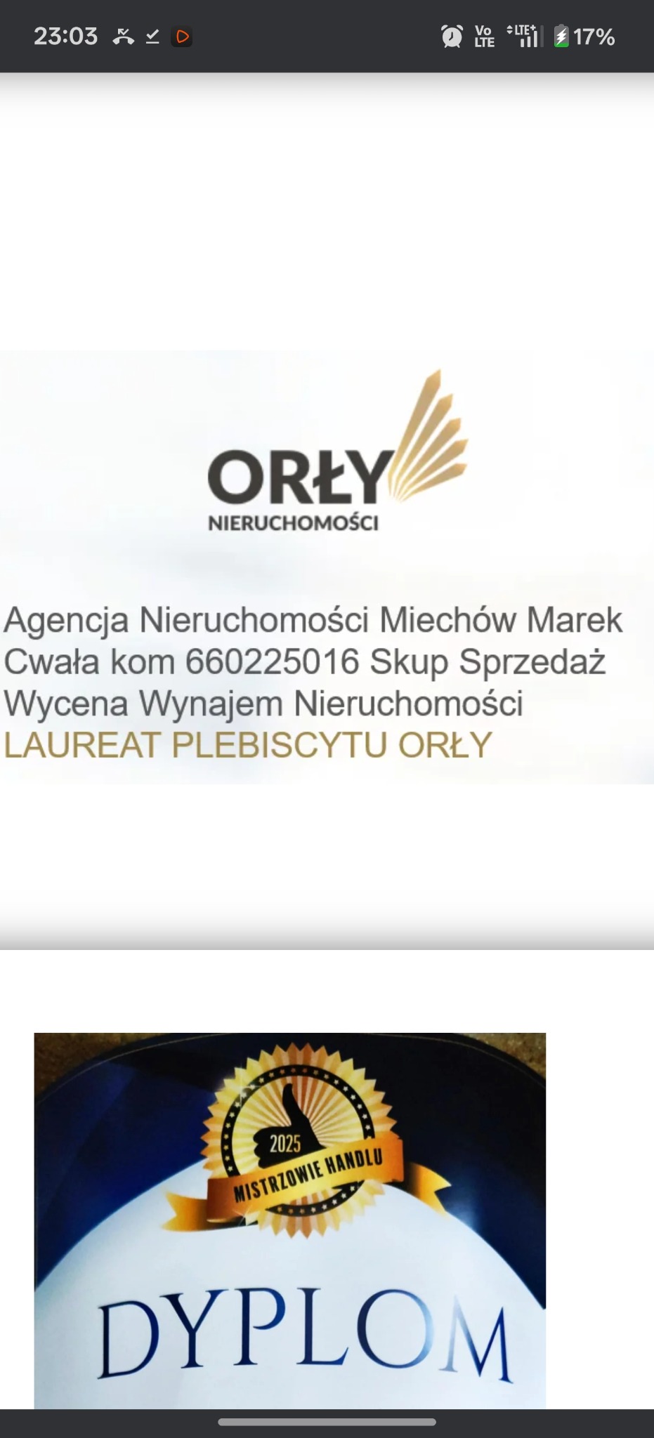 Logo Agencji Nieruchomości Orły Miechów z danymi kontaktowymi i informacją o nagrodzie Laureat Plebiscytu Orły. Na dole dyplom Mistrzowie Handlu 2025.