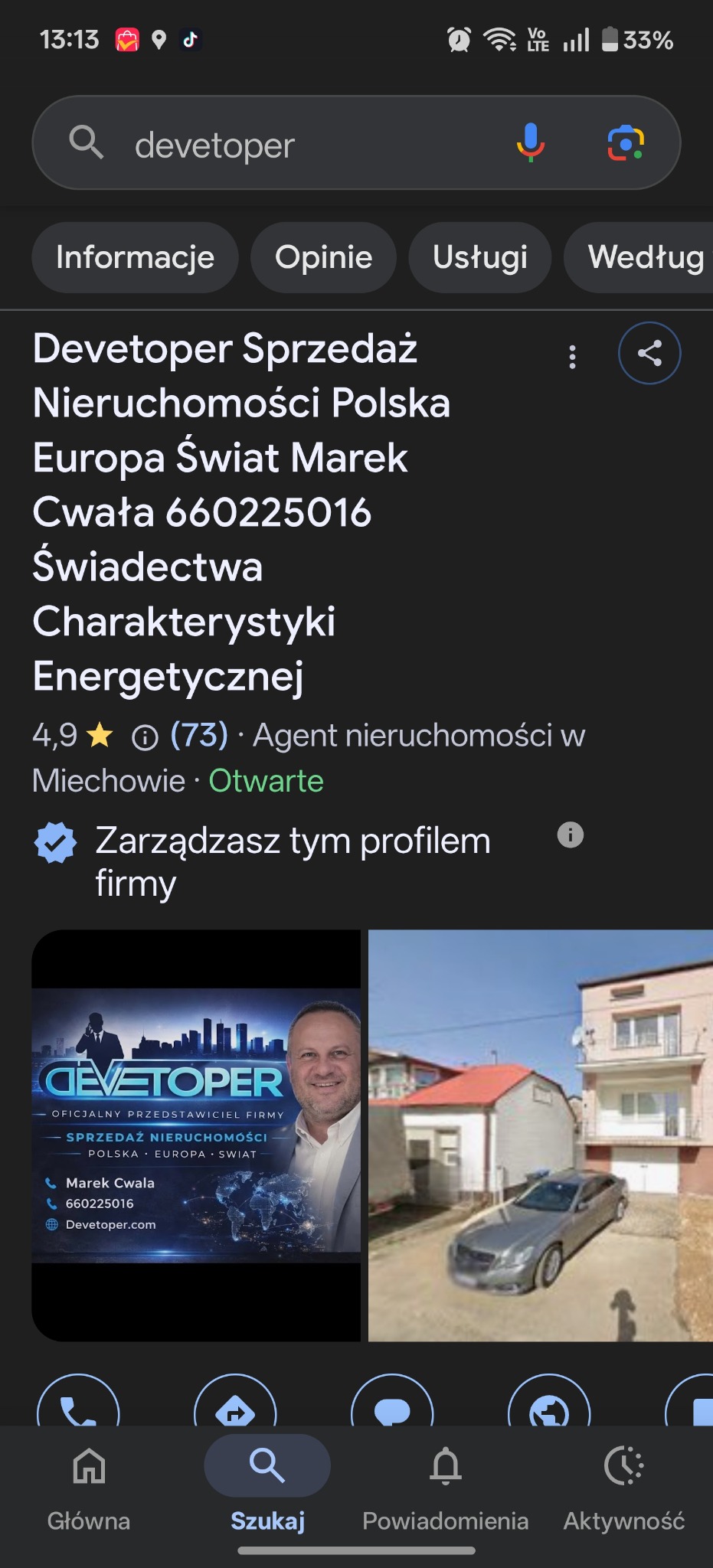 Wyniki wyszukiwania Google dla firmy 'Devetoper' z wizytówką zawierającą logo, zdjęcie właściciela i zdjęcie nieruchomości z samochodem na podjeździe.