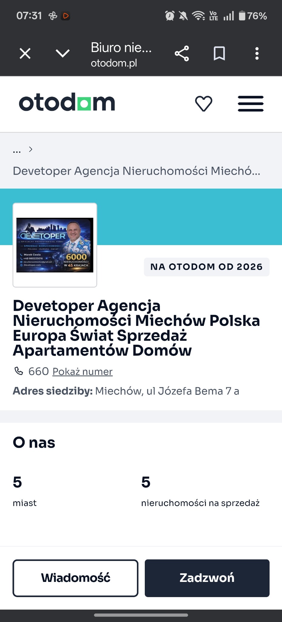 Otodom.pl: Agencja Nieruchomości Devetoper Miechów - sprzedaż apartamentów i domów. Wizytówka firmy z adresem i numerem telefonu. Informacja o liczbie nieruchomości na sprzedaż.