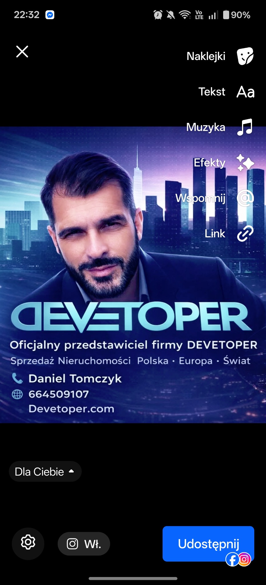 Portret mężczyzny z brodą na tle panoramy miasta, logo firmy Devetoper, dane kontaktowe. Oficjalny przedstawiciel, sprzedaż nieruchomości w Polsce, Europie i na świecie.