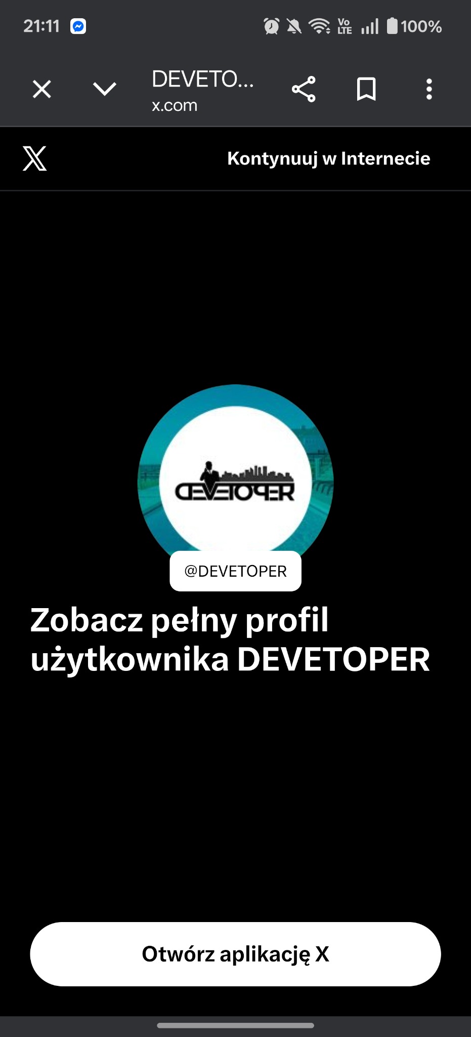 Profil użytkownika DEVETOPER z logo przedstawiającym sylwetkę człowieka na tle panoramy miasta, umieszczonym w okręgu z gradientem turkusowym.