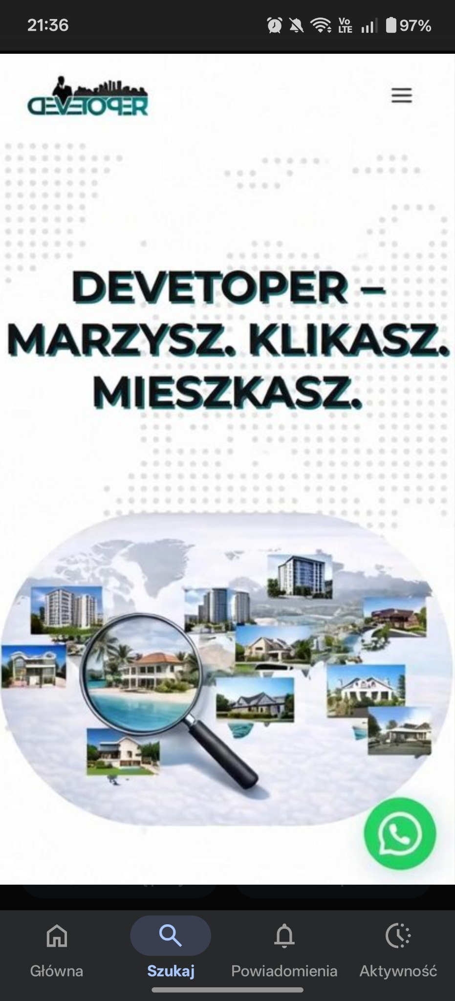 Grafika z hasłem 'Devetoper - Marzysz. Klikasz. Mieszkasz.' i miniaturami domów pod lupą, sugerująca wyszukiwanie nieruchomości.