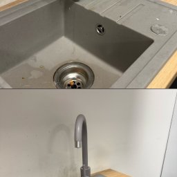 Pink&Shine - Zdjęcie 'przed i po' czyszczenia zlewu granitowego z szarym kranem. Na blacie płyn do naczyń. Widoczne efekty czyszczenia, usunięte zabrudzenia z odpływu i powierzchni.