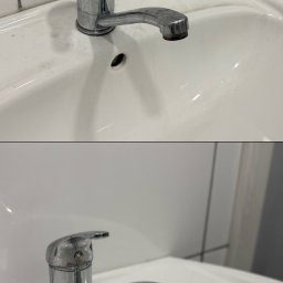 Pink&Shine - Zlew z osadem i kranem przed czyszczeniem w Rzeszowie. Widoczne zabrudzenia na powierzchni umywalki i armaturze. Dwa ujęcia tego samego.