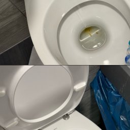 Pink&Shine - Zdjęcie toalety KOLO przed i po czyszczeniu, ukazujące różnicę w higienie. Widoczne osady i zabrudzenia usunięte, pozostawiając czystą i lśniącą powierzchnię.