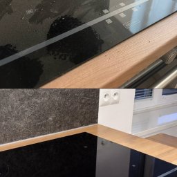 Pink&Shine - Zdjęcie przedstawia indukcję kuchenną przed i po czyszczeniu. Górna część kadru pokazuje zabrudzoną płytę, a dolna część czystą, błyszczącą płytę. Widoczny blat i fragment piekarnika.