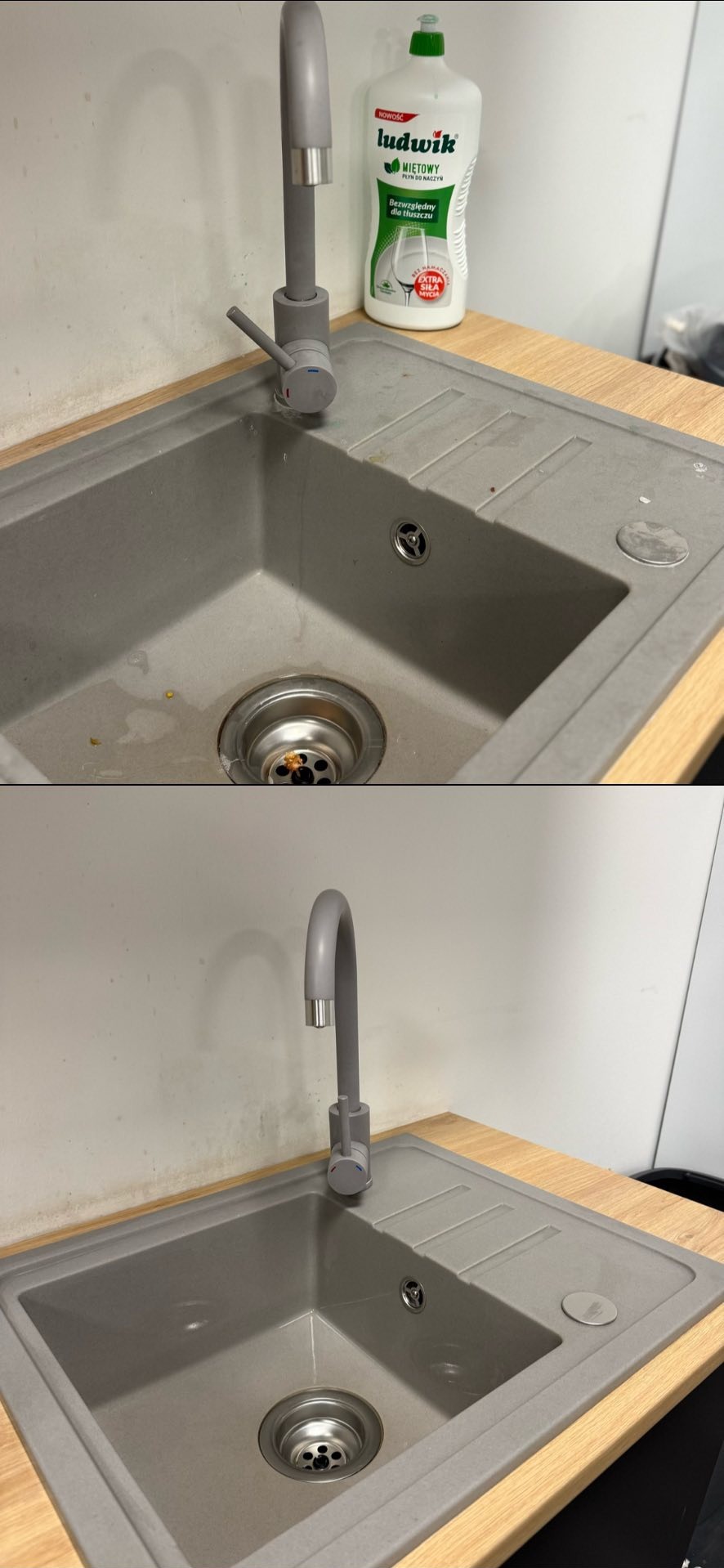 Zdjęcie 'przed i po' czyszczenia zlewu granitowego z szarym kranem. Na blacie płyn do naczyń. Widoczne efekty czyszczenia, usunięte zabrudzenia z odpływu i powierzchni.