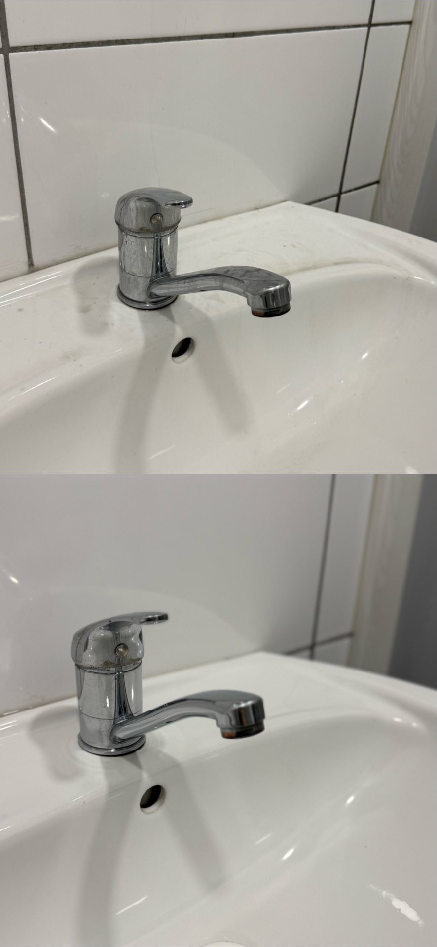 Zlew z osadem i kranem przed czyszczeniem w Rzeszowie. Widoczne zabrudzenia na powierzchni umywalki i armaturze. Dwa ujęcia tego samego.