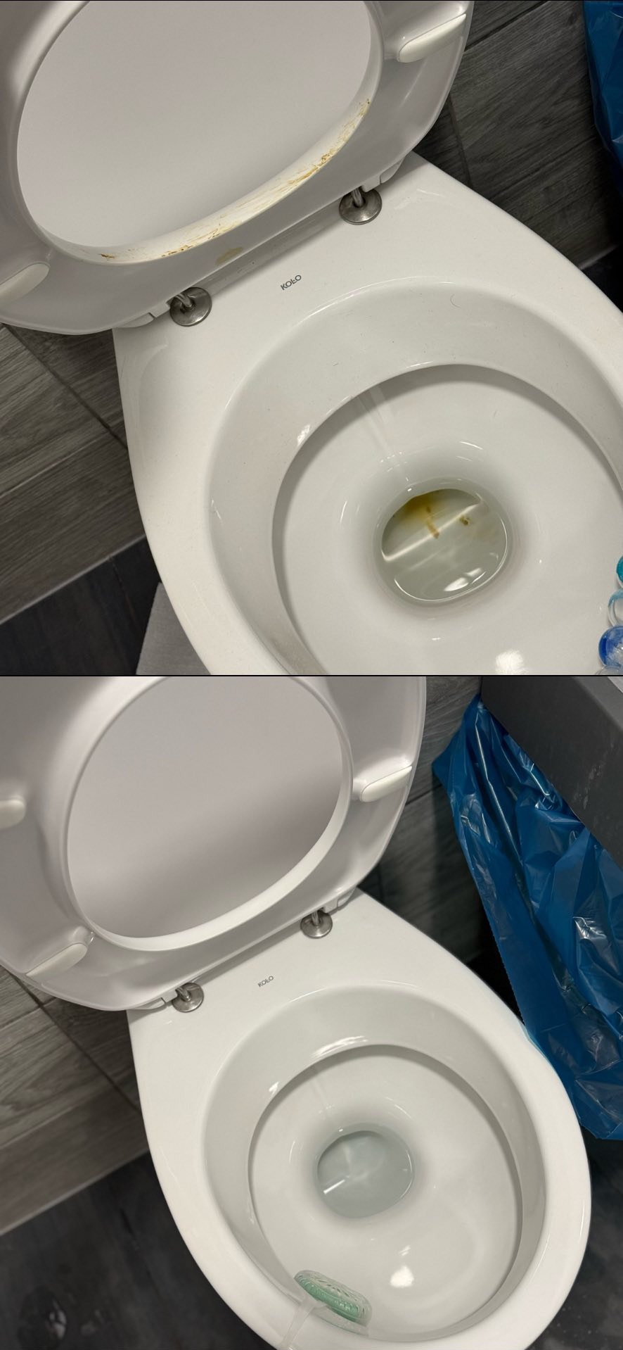 Zdjęcie toalety KOLO przed i po czyszczeniu, ukazujące różnicę w higienie. Widoczne osady i zabrudzenia usunięte, pozostawiając czystą i lśniącą powierzchnię.