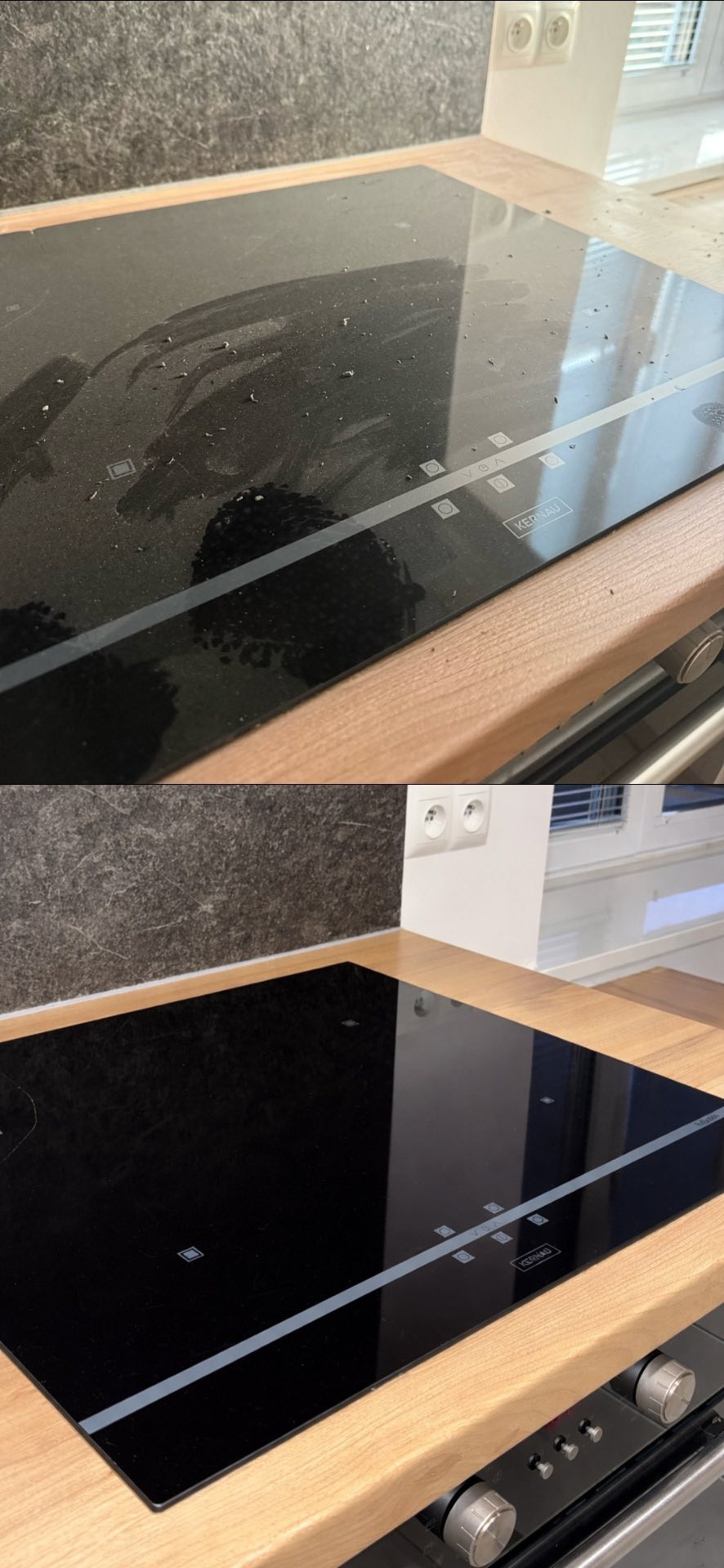 Zdjęcie przedstawia indukcję kuchenną przed i po czyszczeniu. Górna część kadru pokazuje zabrudzoną płytę, a dolna część czystą, błyszczącą płytę. Widoczny blat i fragment piekarnika.