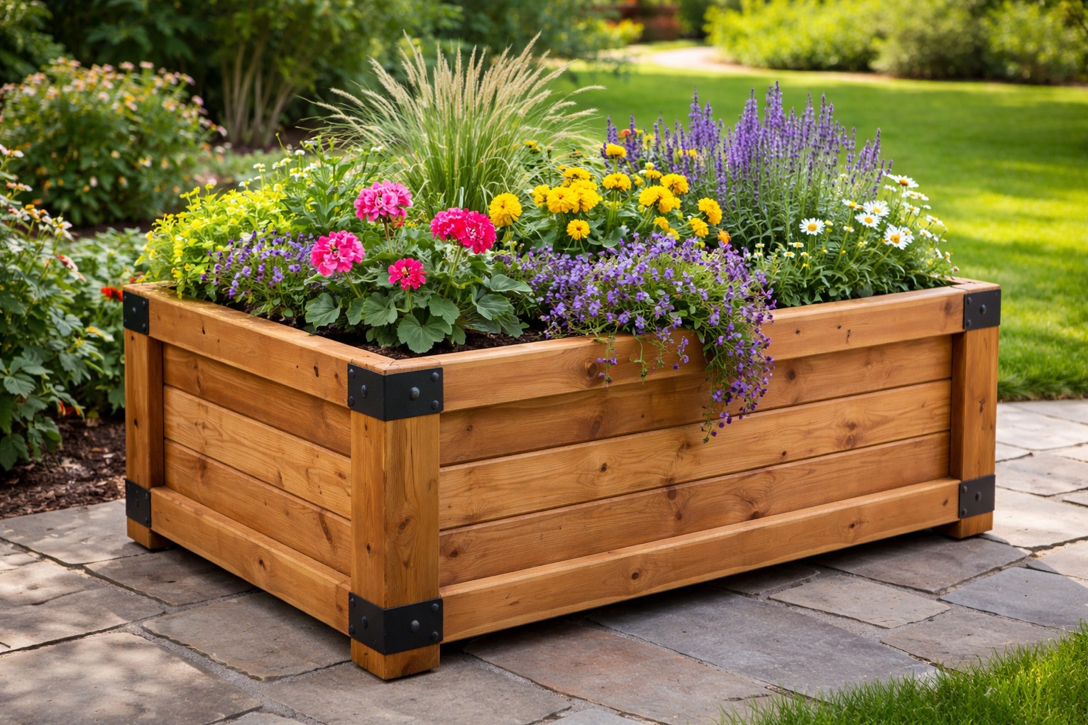 Drewniana skrzynia na kwiaty z czarnymi okuciami, wypełniona kolorowymi kwiatami i trawami ozdobnymi, na tle zielonego trawnika i krzewów.