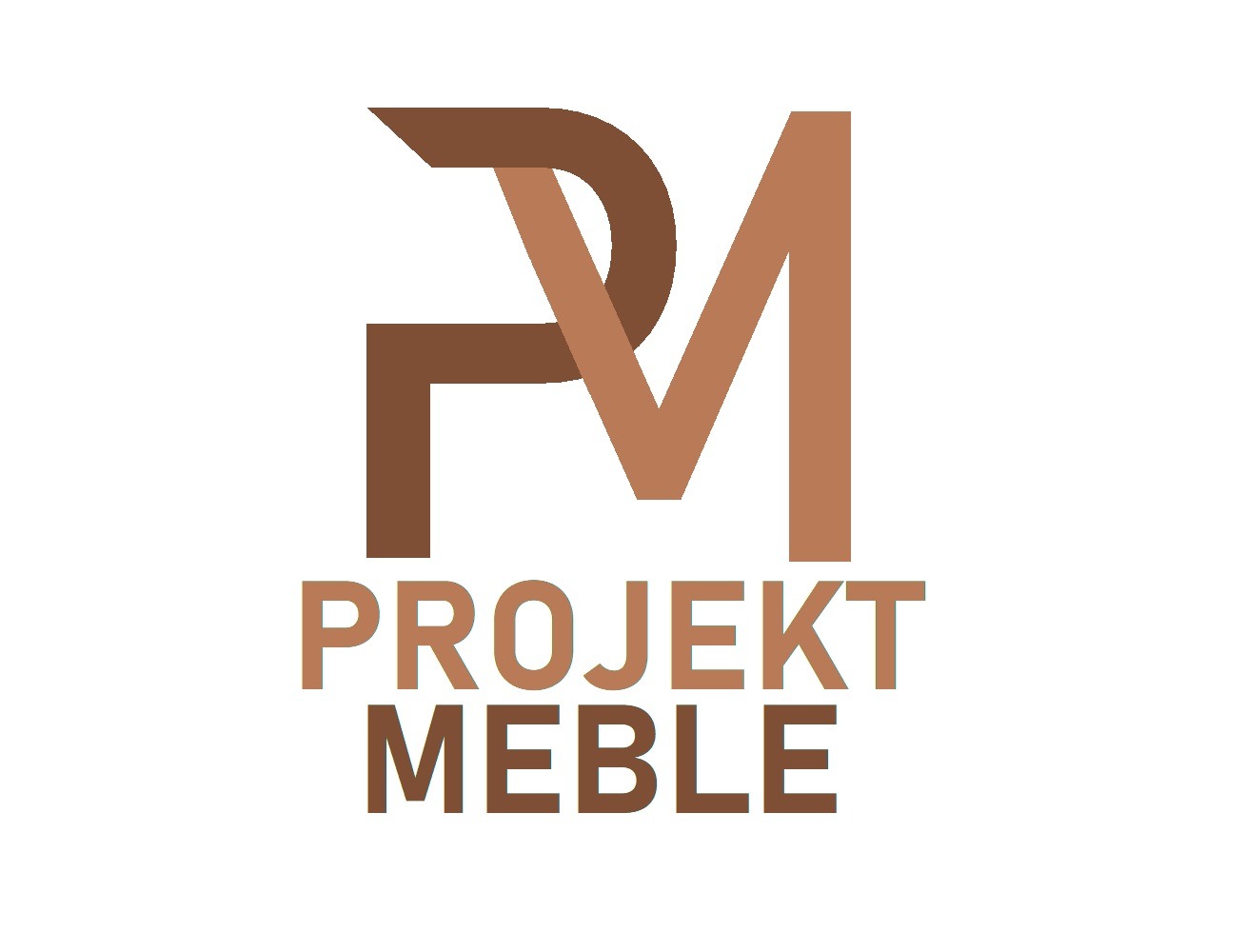 Graficzne logo firmy 'Projekt Meble' w odcieniach brązu, przedstawiające stylizowaną literę 'PM' nad napisem 'PROJEKT MEBLE' na białym tle.