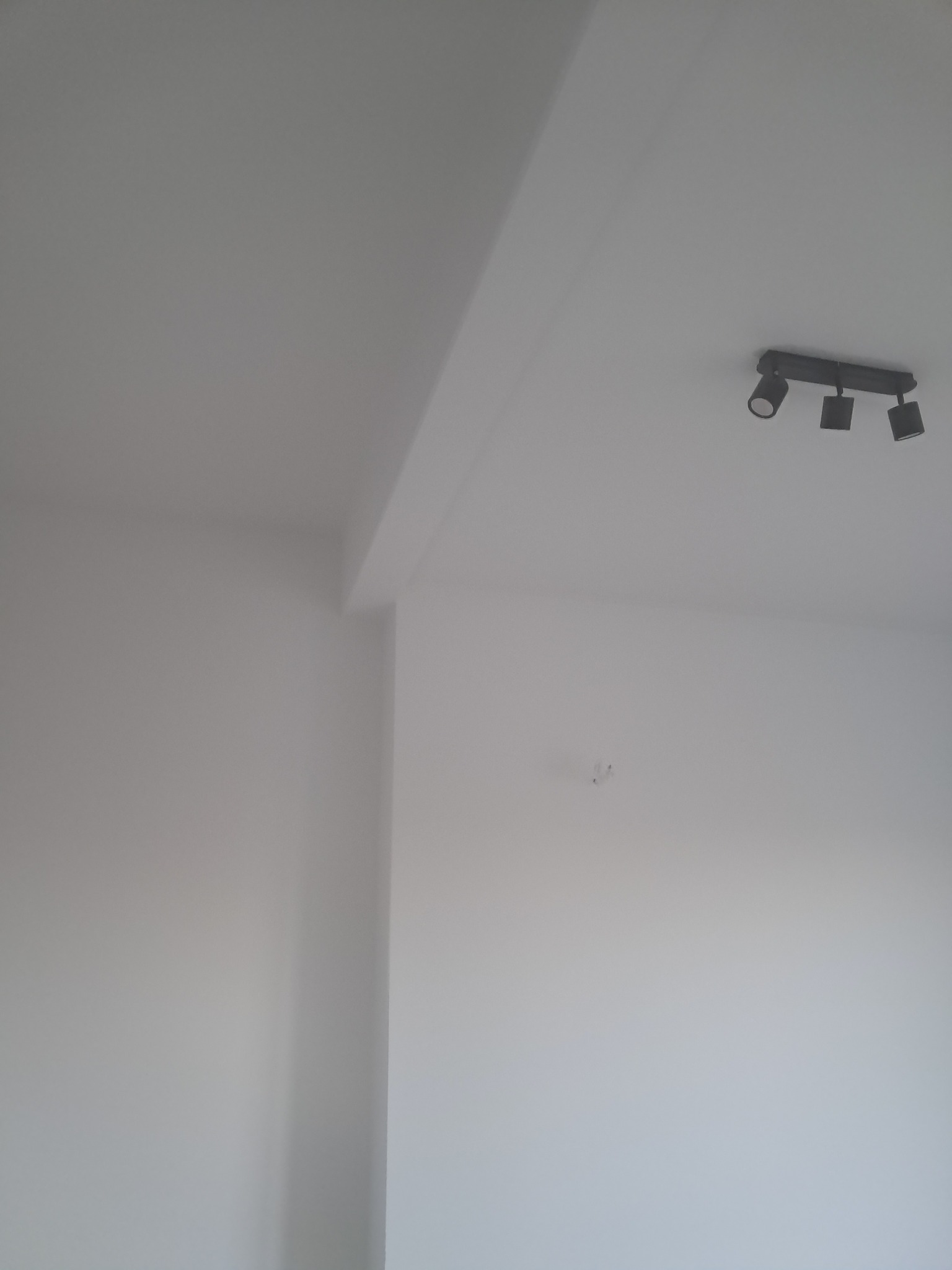 Białe ściany i sufit po świeżym malowaniu, widoczna lampa sufitowa z trzema reflektorami. Minimalistyczne wnętrze po remoncie.