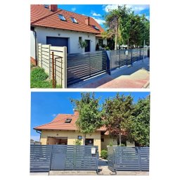 Lewy - Nowoczesne, poziome ogrodzenie panelowe w kolorze grafitowym, z przesuwną bramą, otaczające dom z czerwoną dachówką. Widok z dwóch perspektyw.