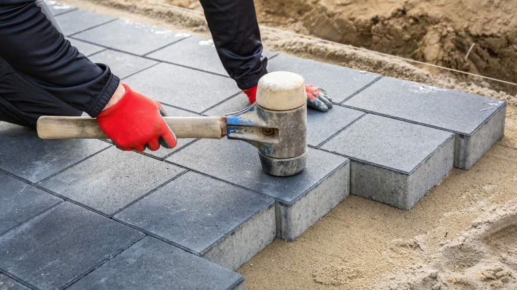 Układanie szarej kostki brukowej. Widoczne ręce w czerwonych rękawicach, gumowy młotek i piasek. Krawędzie kostki są równe, a szczeliny między nimi minimalne.