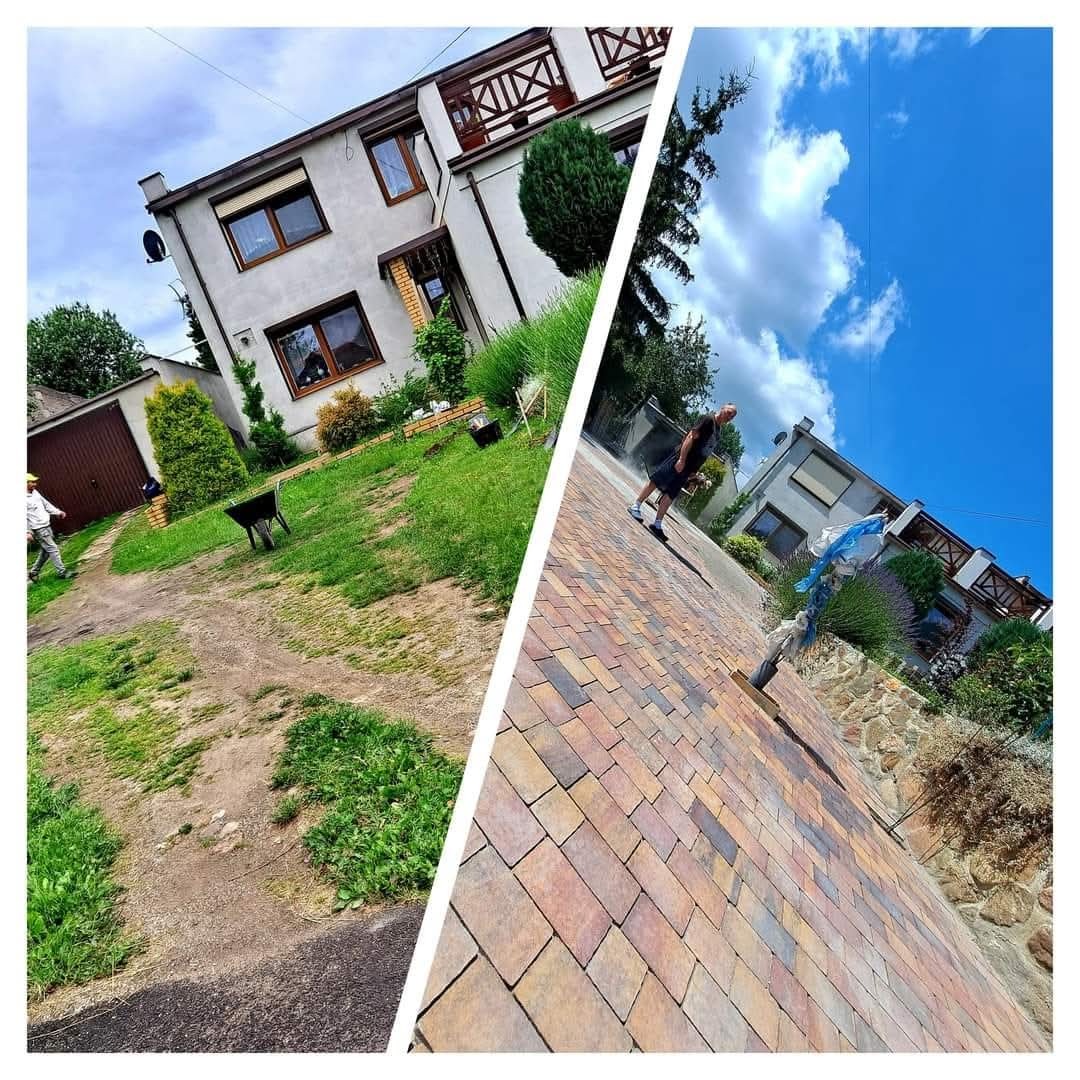 Zdjęcie 'przed i po' z ułożoną kostką brukową w odcieniach brązu, widok z perspektywy niskiego kąta, dom w tle, niebo z chmurami, osoba na kostce.