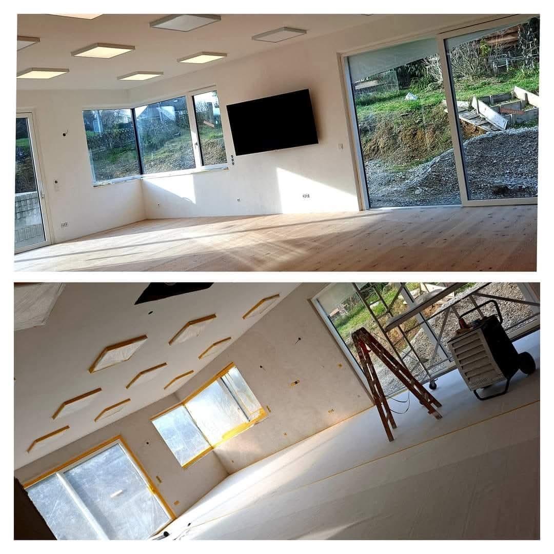 Dwuobrazowe ujęcie wnętrza: górne pokazuje wykończony pokój z drewnianą podłogą i dużym oknem, dolne - pokój w trakcie prac, z zaklejonymi oknami i sprzętem budowlanym.
