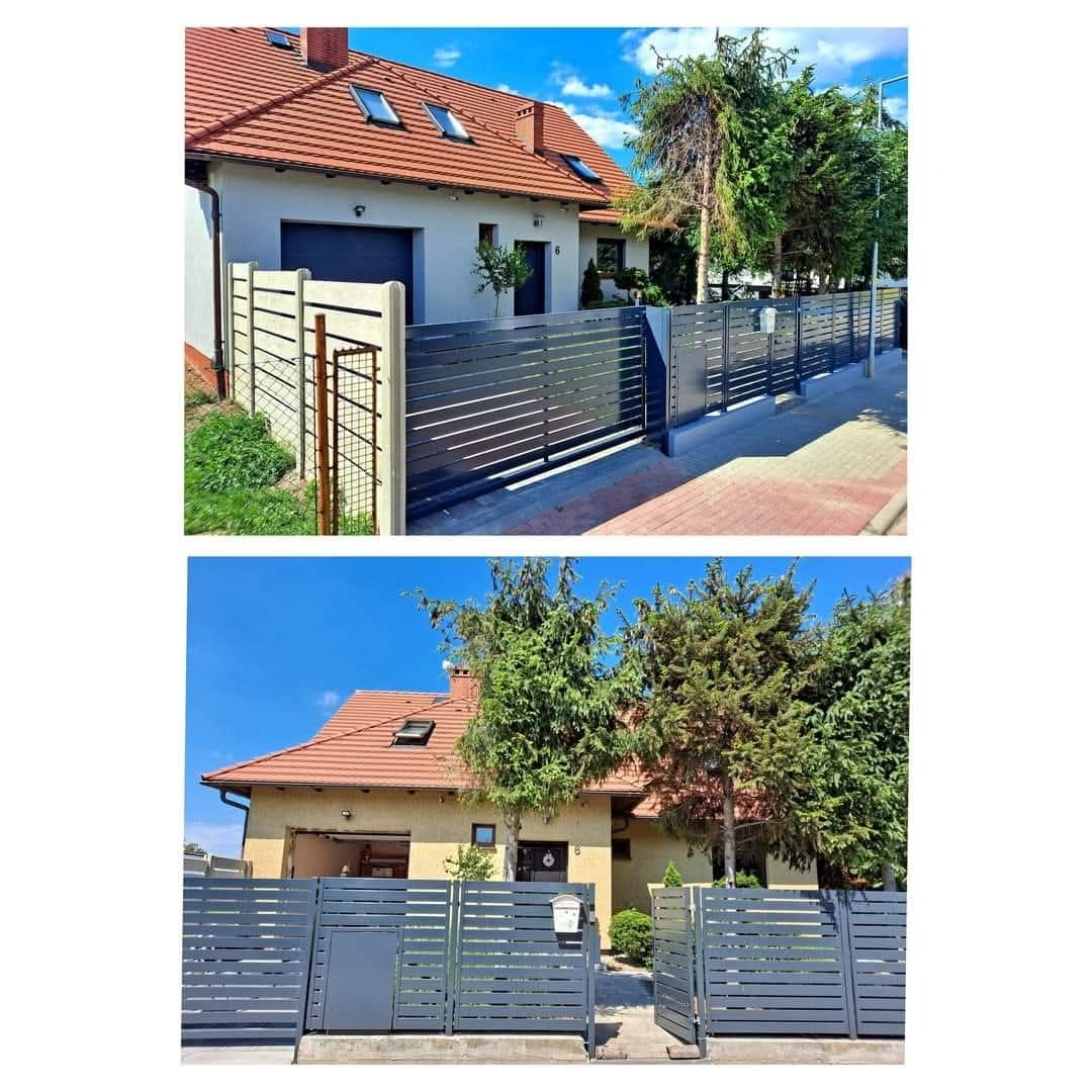 Nowoczesne, poziome ogrodzenie panelowe w kolorze grafitowym, z przesuwną bramą, otaczające dom z czerwoną dachówką. Widok z dwóch perspektyw.