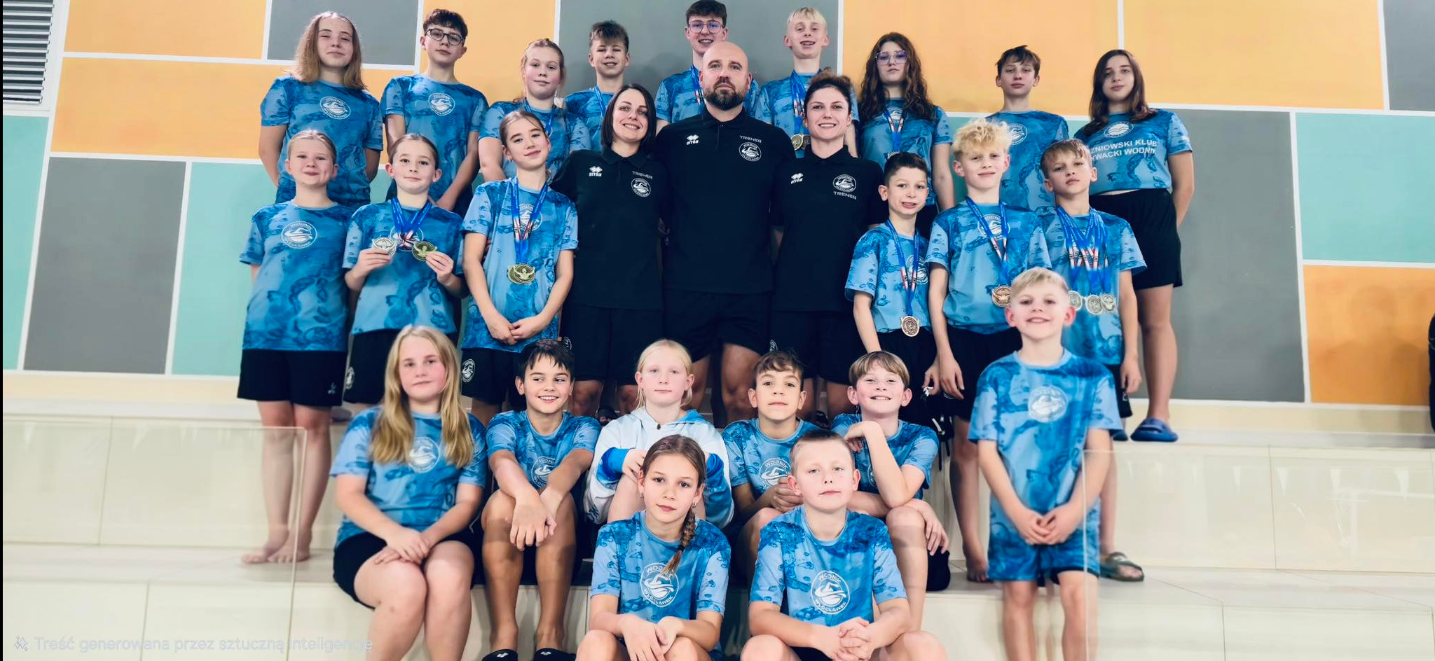 Grupa dzieci i trenerzy w strojach klubowych z medalami na tle basenu. Uśmiechnięci, świętują sukcesy w nauce pływania.