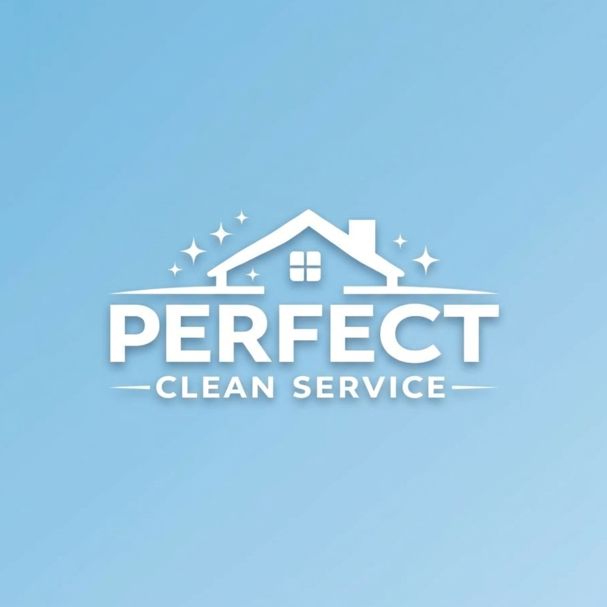 Logo firmy sprzątającej: biały dom z oknem, gwiazdki i napis 'Perfect Clean Service' na błękitnym tle. Minimalistyczny design.