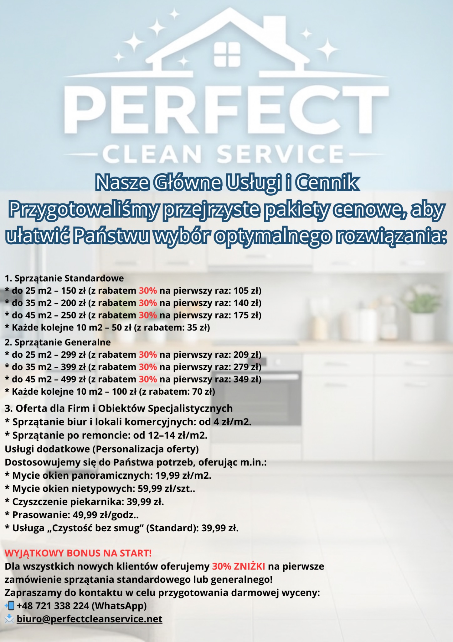 Cennik usług sprzątania Perfect Clean Service z ofertą sprzątania standardowego, generalnego, biur, po remoncie, mycia okien i czyszczenia piekarnika. Bonus 30% dla nowych klientów.