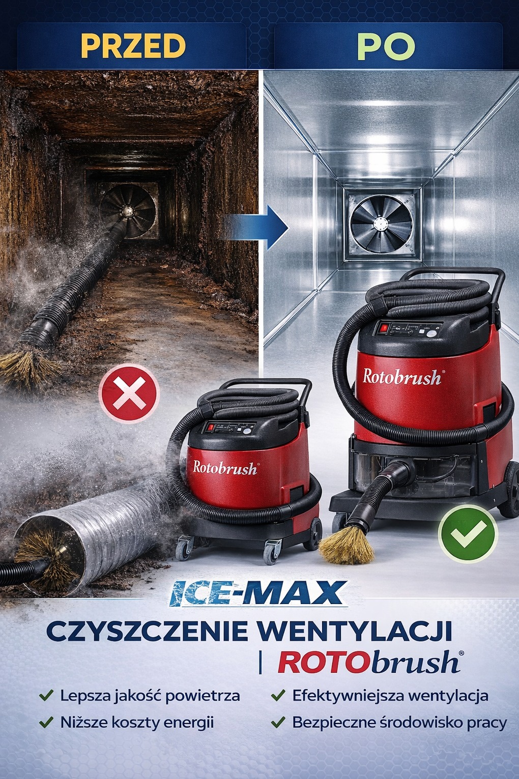 Porównanie stanu kanału wentylacyjnego przed i po czyszczeniu, z użyciem urządzenia Rotobrush ICE-MAX. Widoczne efekty: czysty kanał i urządzenie czyszczące.