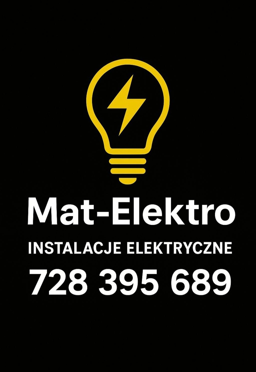 Grafika z żółtą żarówką z błyskawicą, nazwą firmy Mat-Elektro, napisem INSTALACJE ELEKTRYCZNE i numerem telefonu na czarnym tle.