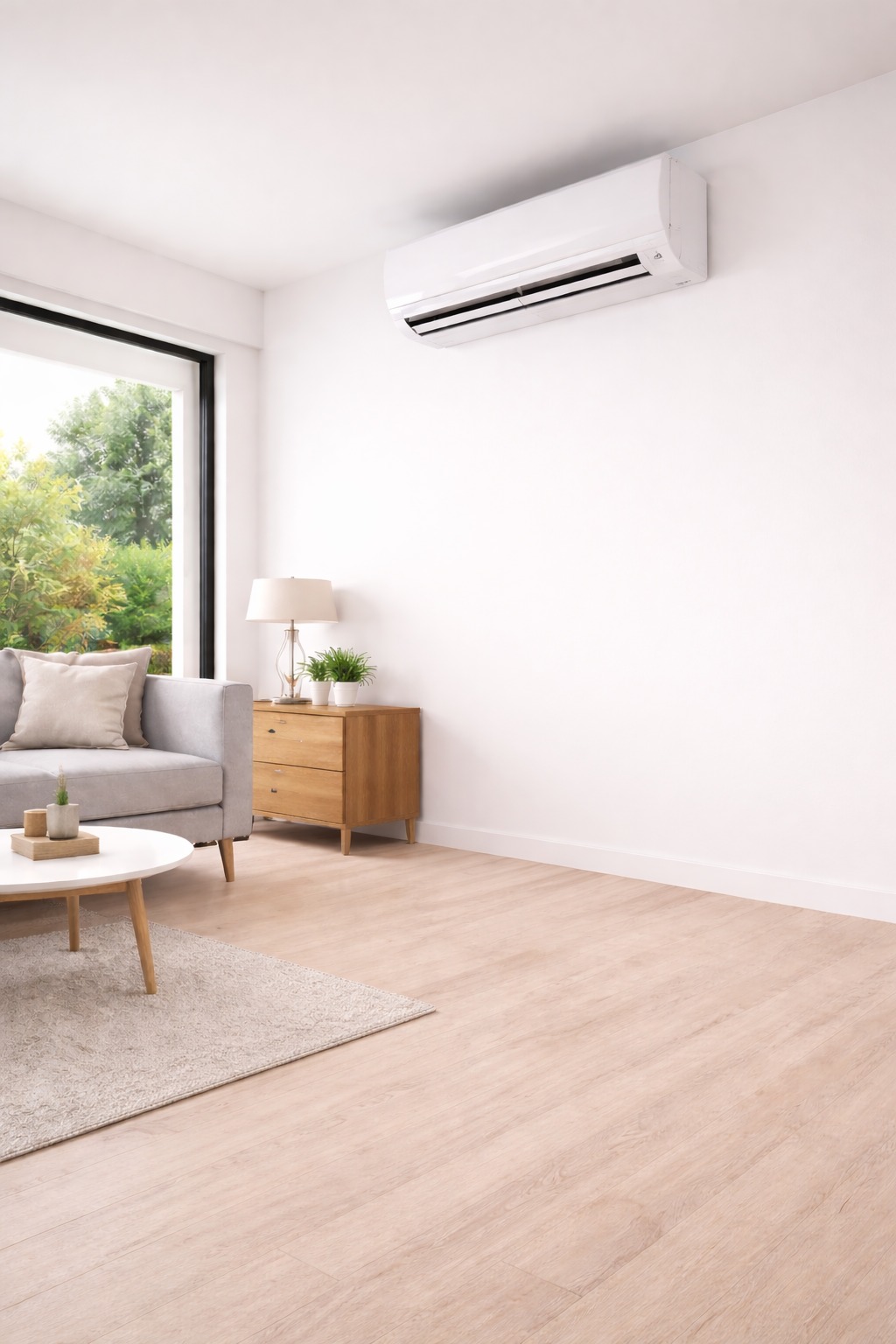 Biała klimatyzacja ścienna w jasnym salonie z szarą sofą, drewnianą komodą i dużym oknem z widokiem na zieleń. Minimalistyczny design, neutralna kolorystyka.