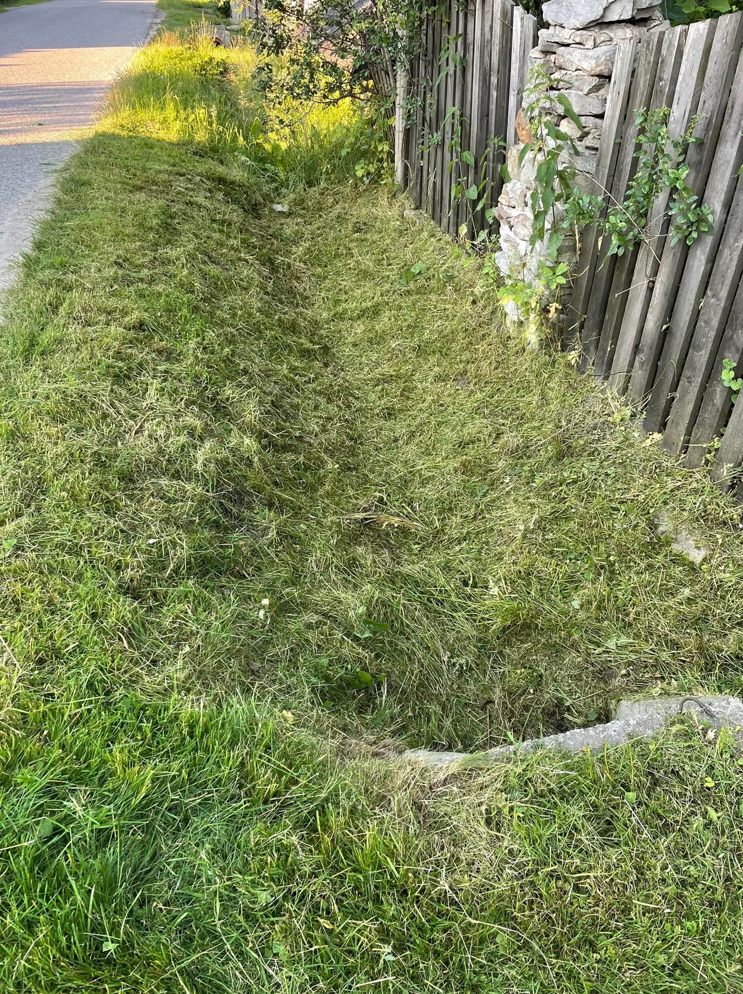 Świeżo skoszona trawa przy drewnianym płocie z kamienną podstawą, widoczne resztki trawy po koszeniu, jasne światło słoneczne.