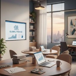 KSIĘGOWOŚĆ DLA CIEBIE SPÓŁKA Z OGRANICZONĄ ODPOWIEDZIALNOŚCIĄ - Nowoczesne biuro rachunkowe: laptopy z wykresami, kalkulator, dokumenty na drewnianym stole. W tle widok na miasto i monitor z napisem 'Global Finanse'.