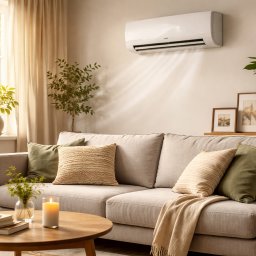 ALTIOR GROUP SPÓŁKA Z OGRANICZONĄ ODPOWIEDZIALNOŚCIĄ - Nowoczesny klimatyzator ścienny w jasnym salonie. Widoczne rośliny doniczkowe, sofa z poduszkami i stolik kawowy. Promienie światła wpadają przez okno.