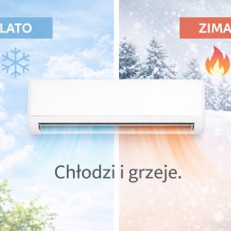 ALTIOR GROUP SPÓŁKA Z OGRANICZONĄ ODPOWIEDZIALNOŚCIĄ - Klimatyzator split z efektem wizualnym chłodzenia i grzania: po lewej błękitne niebo i śnieżynka, po prawej zimowy krajobraz i płomień. Napis: Chłodzi i grzeje.