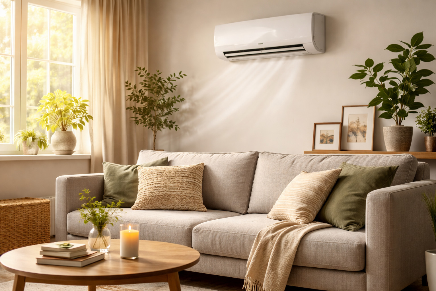 Nowoczesny klimatyzator ścienny w jasnym salonie. Widoczne rośliny doniczkowe, sofa z poduszkami i stolik kawowy. Promienie światła wpadają przez okno.