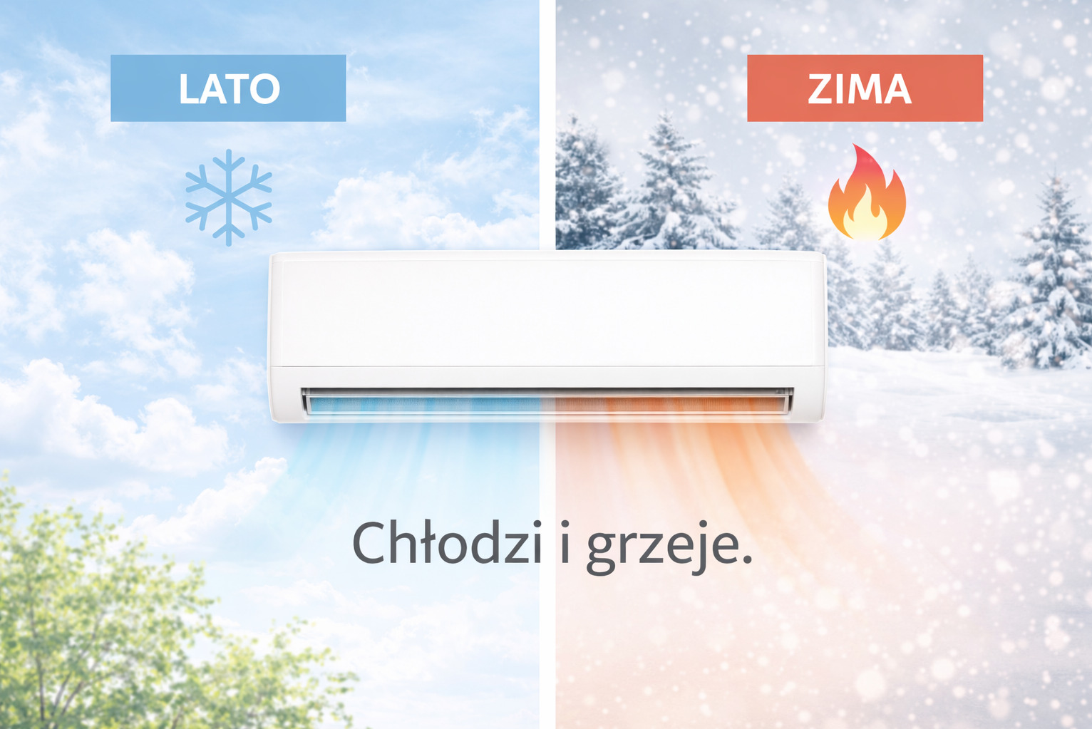 Klimatyzator split z efektem wizualnym chłodzenia i grzania: po lewej błękitne niebo i śnieżynka, po prawej zimowy krajobraz i płomień. Napis: Chłodzi i grzeje.