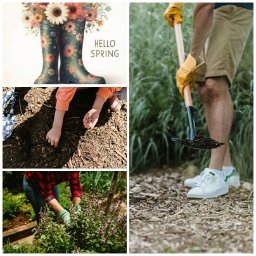 Piotr Komarnicki - Kolaż zdjęć z prac ogrodowych: sadzenie, pielęgnacja roślin, praca z glebą. W tle dekoracyjne kalosze z kwiatami i napis 'Hello Spring'.